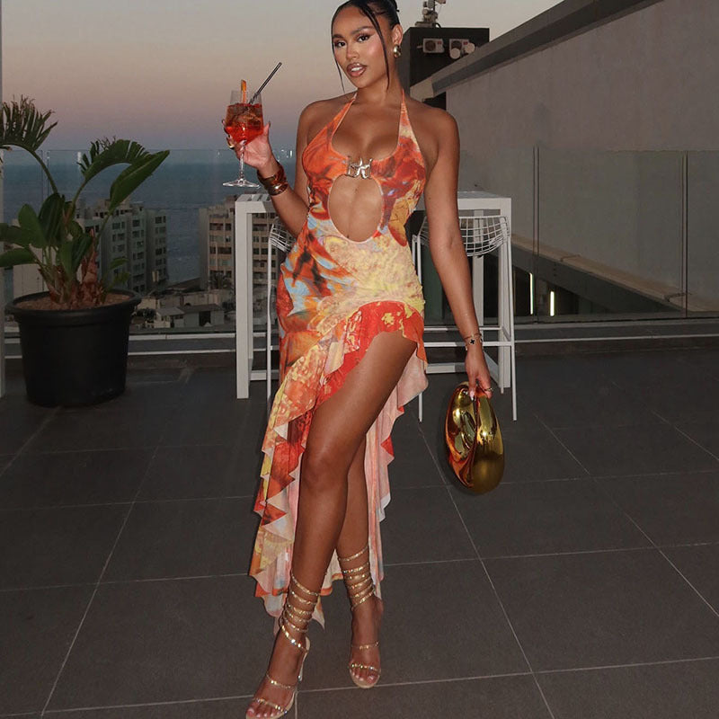 Women Spring Summer Sexy Halter Neck Backless Contrast Color Ruffle Dress 5