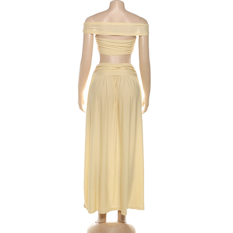 Autumn Women's Fashion Sexy Strapless Crop Top Sexy Chic Long Skirt Two-Piece Set 10