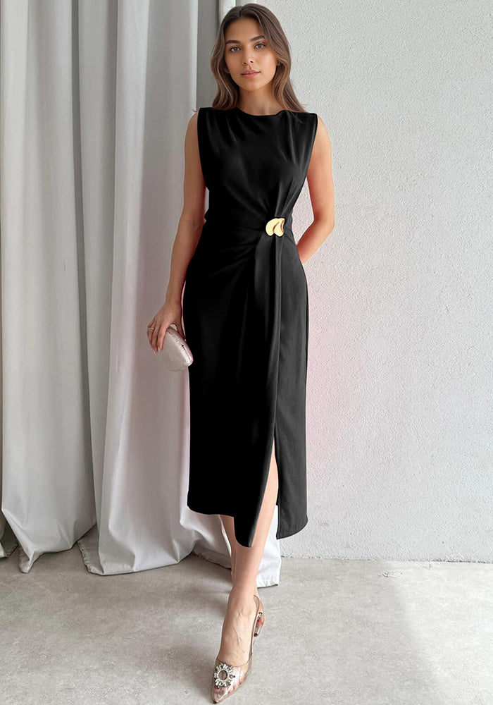 Women's pleated jewelry slit sleeveless Casual solid color fashion long dress