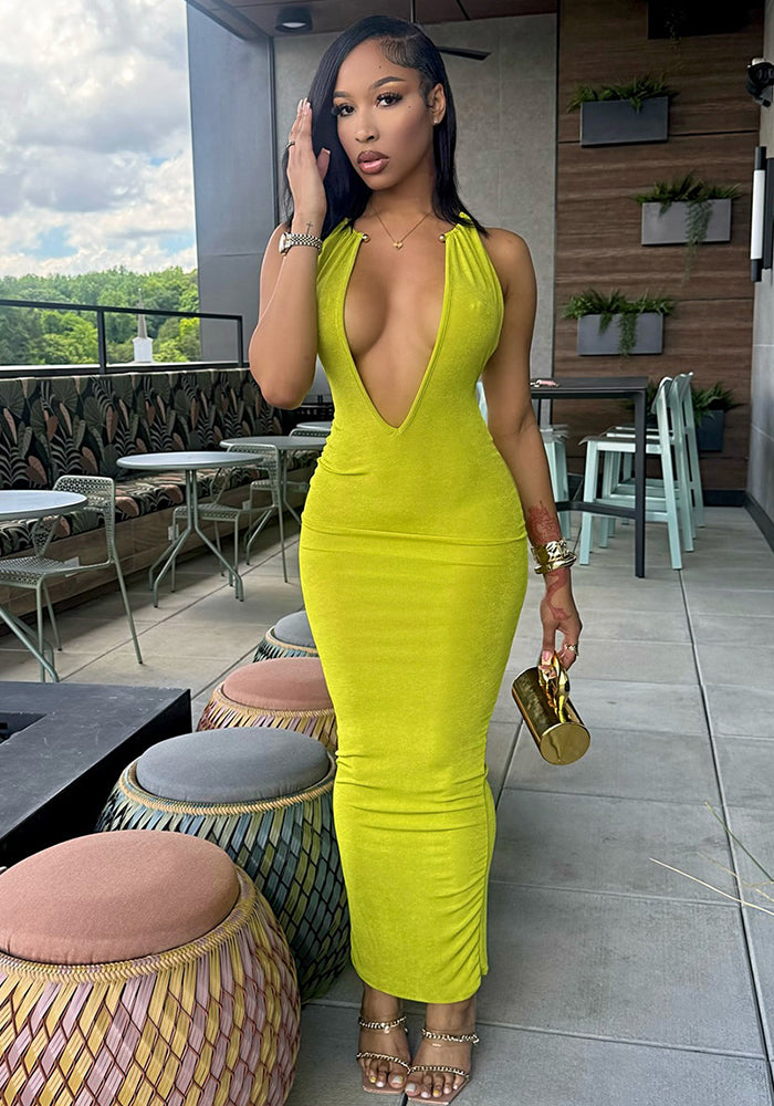 Women Sexy V-Neck Metal Halter Neck Maxi Dress