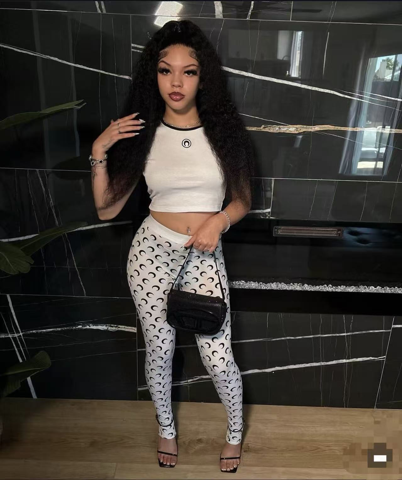 Women Trendy Printed Stretchy Basic Top and Long Pants Two-Piece Set