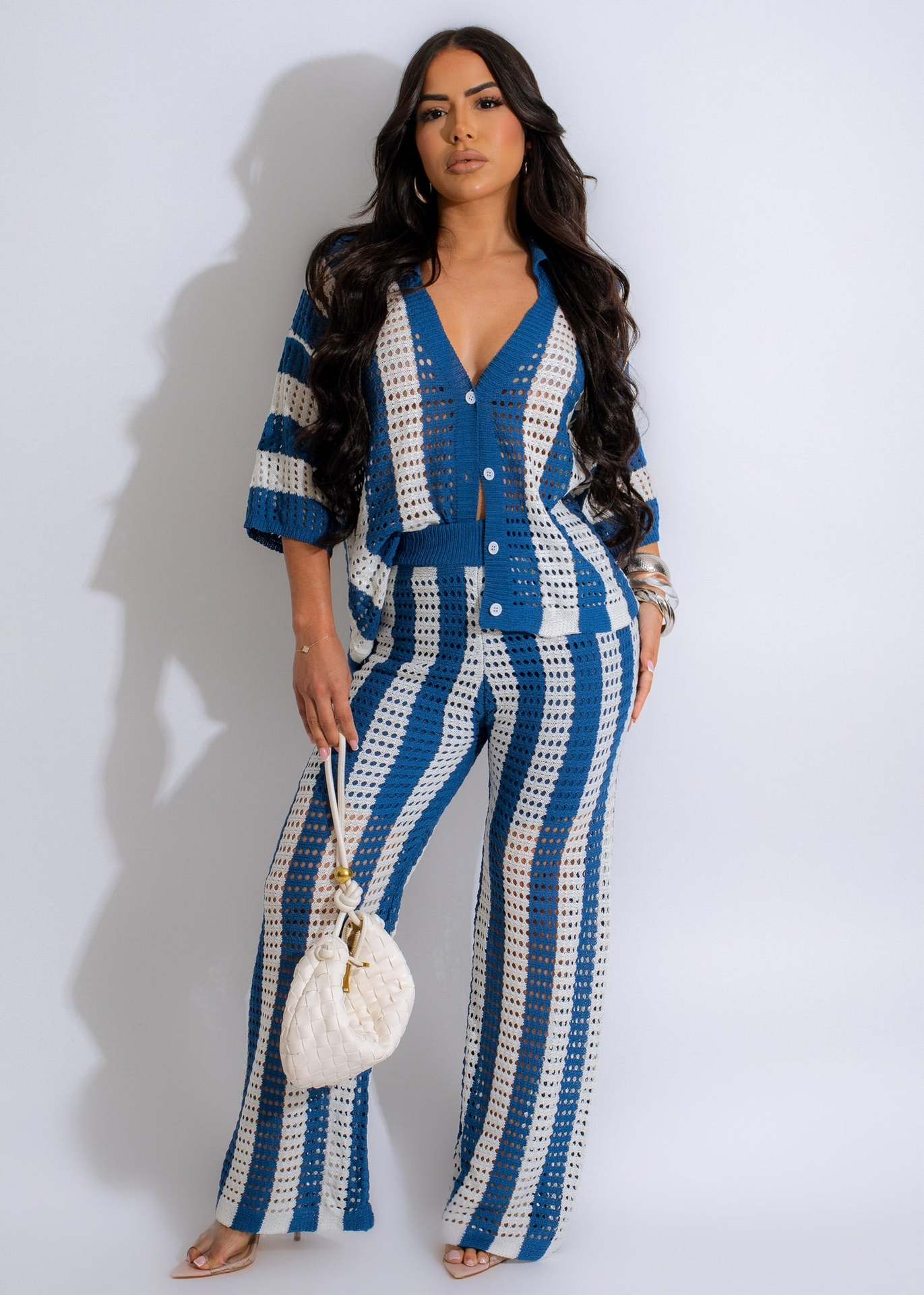 Women's Summer V-Neck Loose Knit Cardigan Top + Wide-Leg Pants Set Color-Block Striped Hollow-Out Outfit 5