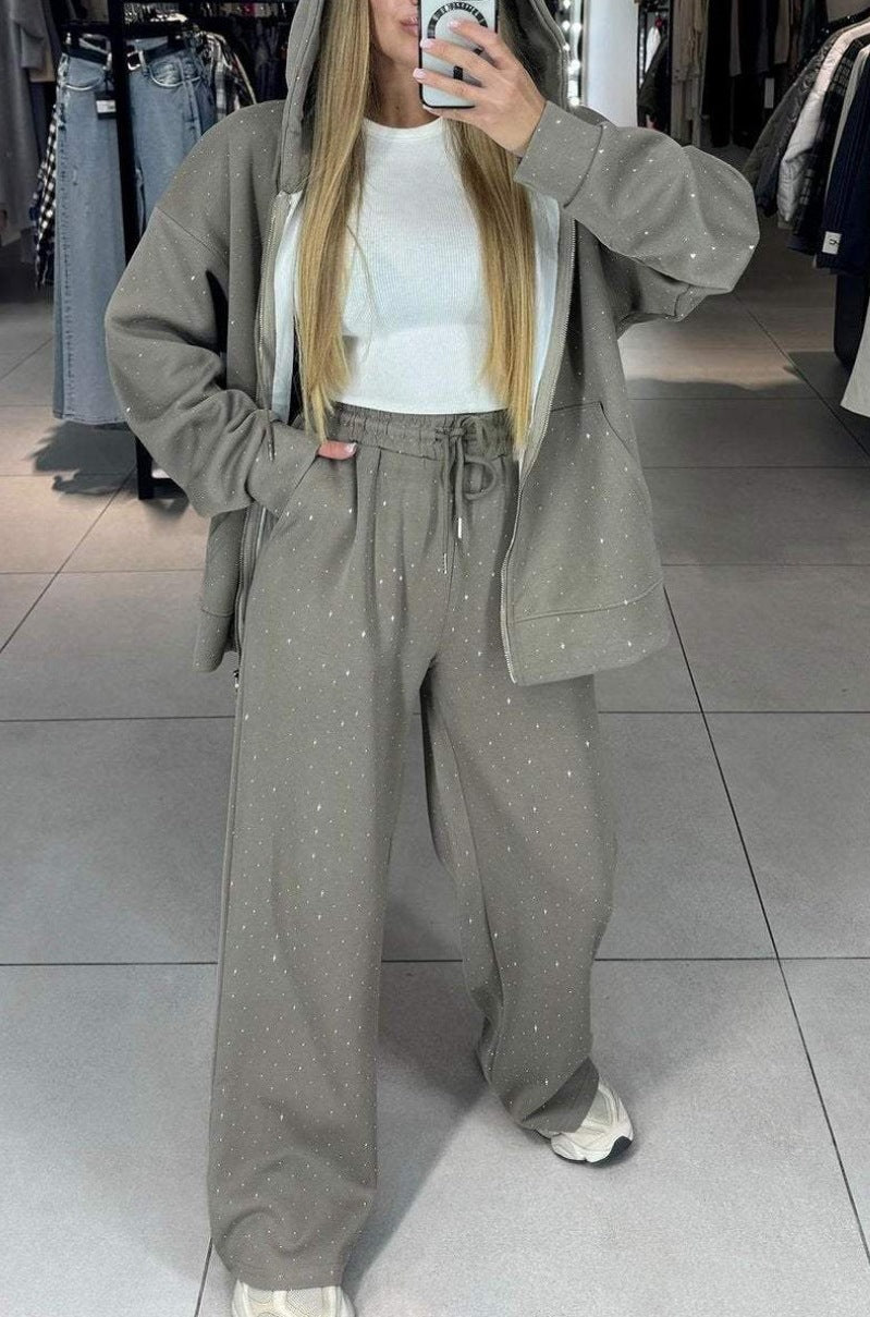 Women Autumn Winter Zipper Beaded Casual Hooded Hoodies Wide-Leg Pants Two-Piece Sports Suit 4