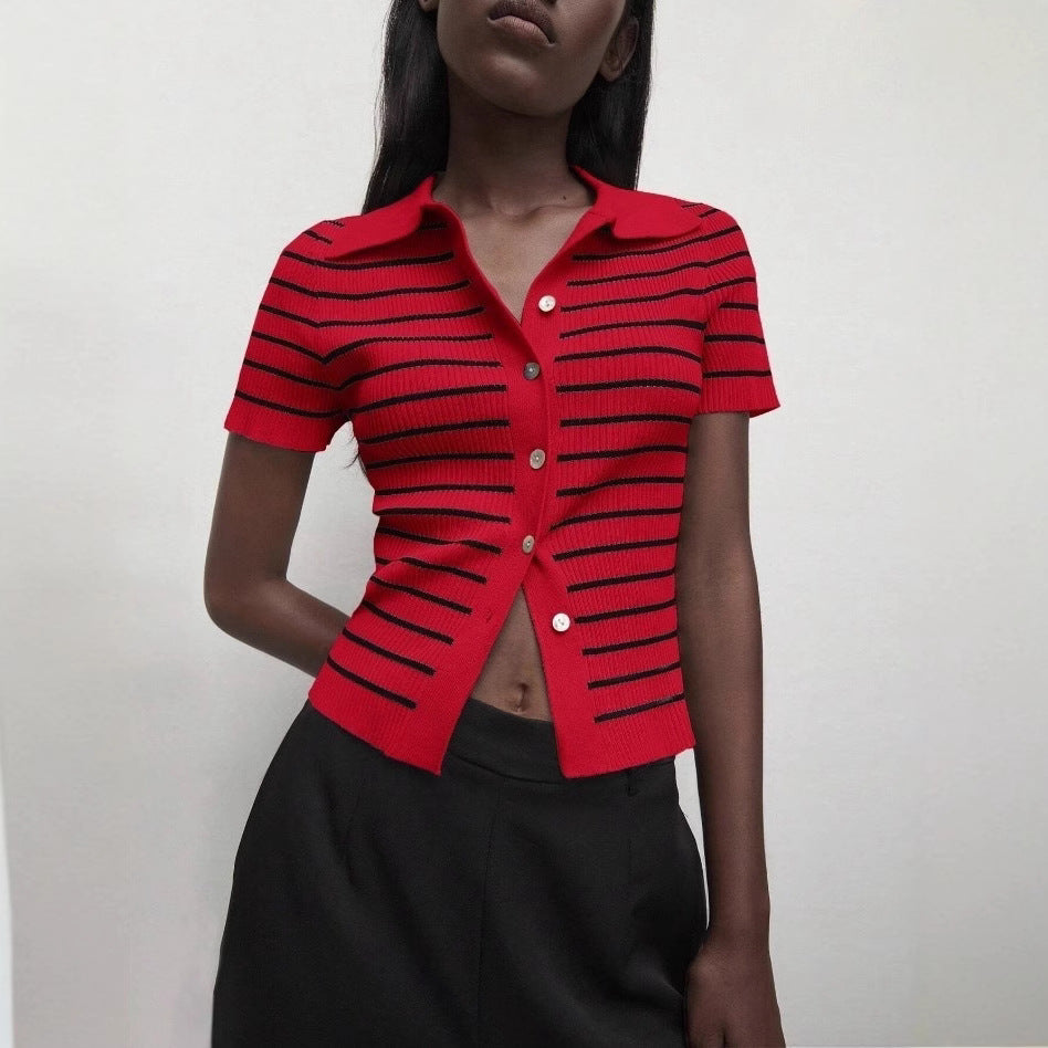 Autumn Winter Turndown Collar Slim Fit Striped Short Sleeve Women Knit Cardigan 3