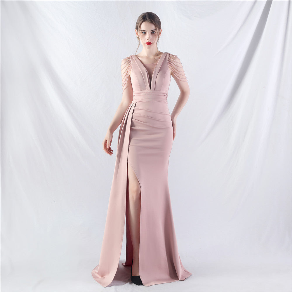Women Satin Pleated Beaded Evening Dress 16