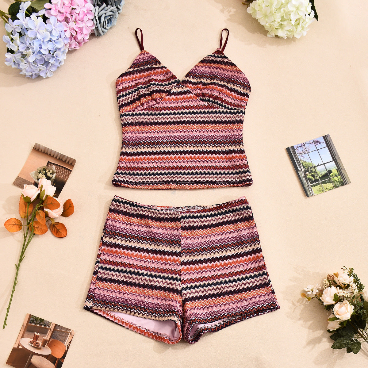 Summer Sexy Crop Open Waist Color-Blocked Camisole & Mini Skirt Two-Piece Set 6