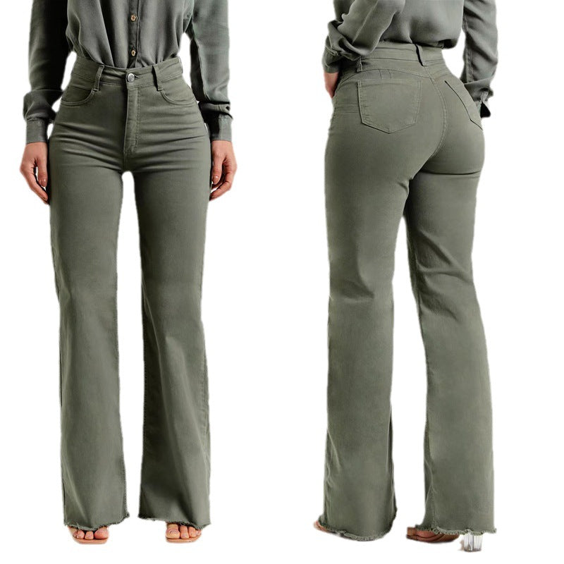 Women's Stretch Denim Pants Washed High Waisted Wide Leg trousers 6