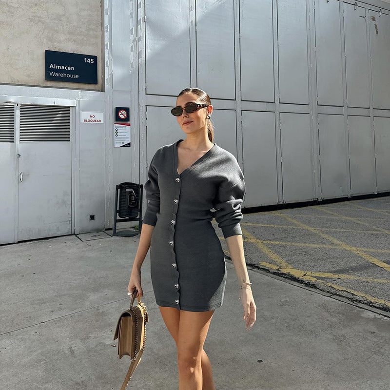 Women Sexy V Neck Knitting Long Sleeve Dress 3