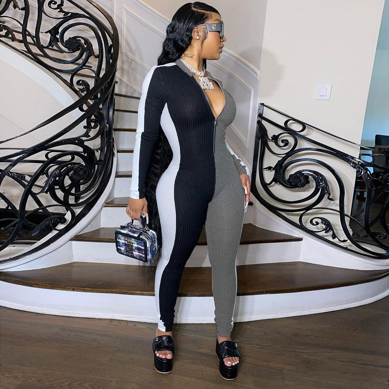 Women Sexy Contrast Color Zipper Patchwork Jumpsuit 5