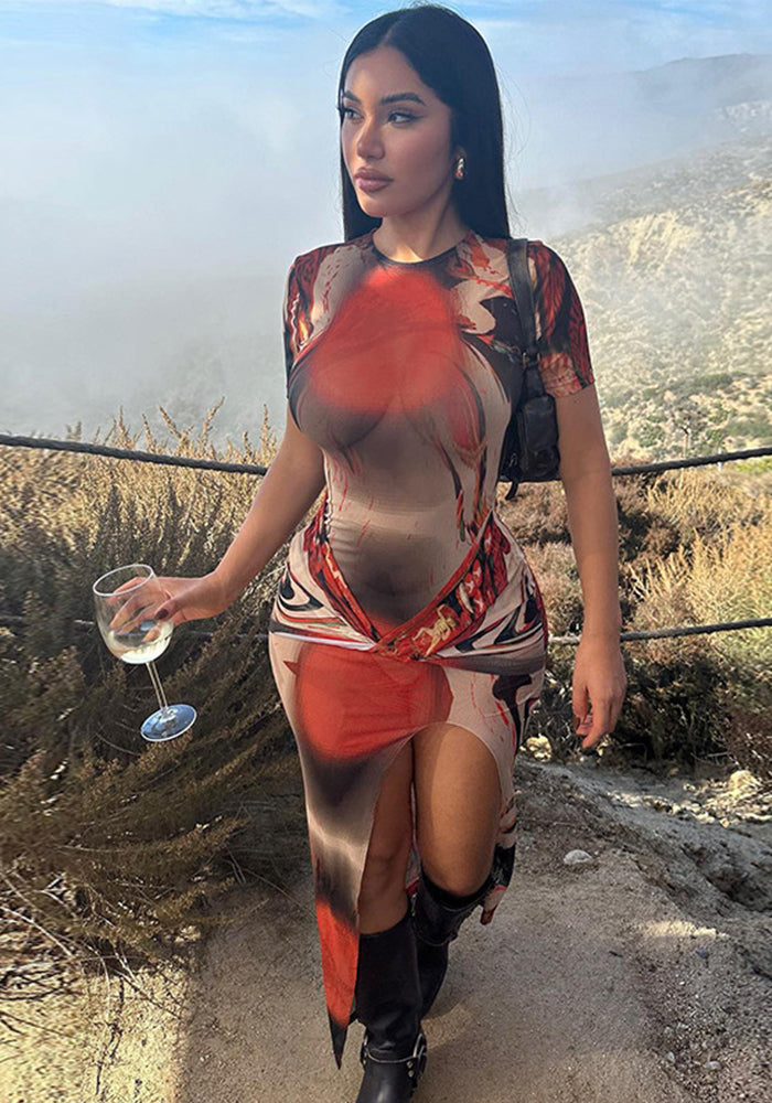 Women's Winter Fashion Sexy Printed Slim Slit Round Neck Short Sleeve Dress