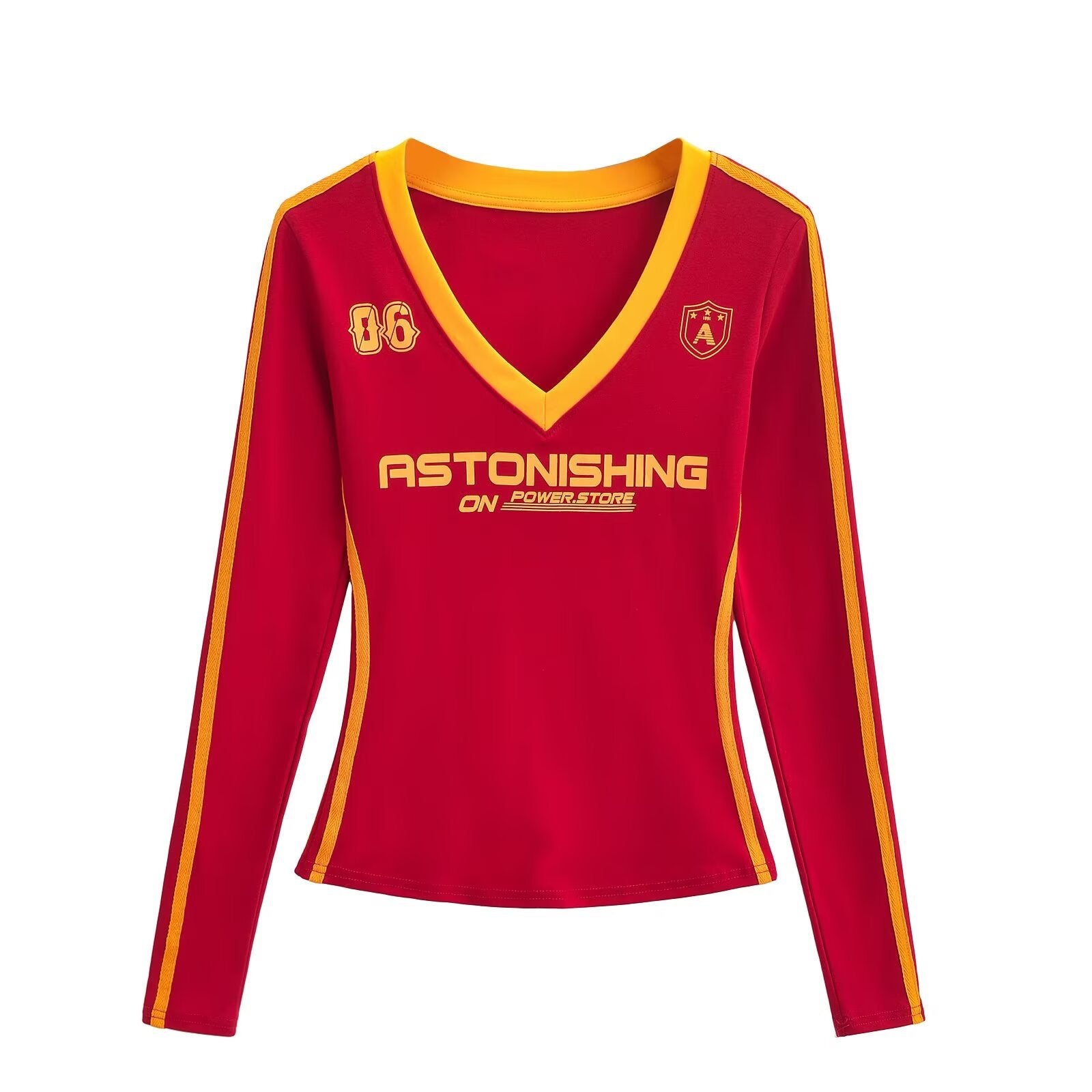 Women American Retro V-neck Contrast Print Long-sleeved T-shirt Sports Shorts Two Piece Set 7