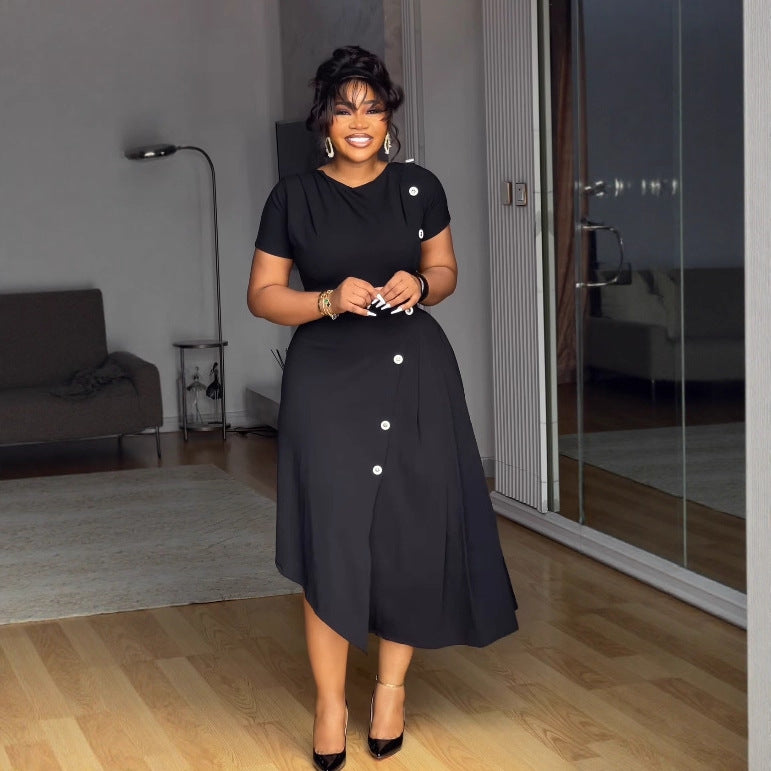 Women elegant Career Round Neck button decoration irregular slit pleated dress