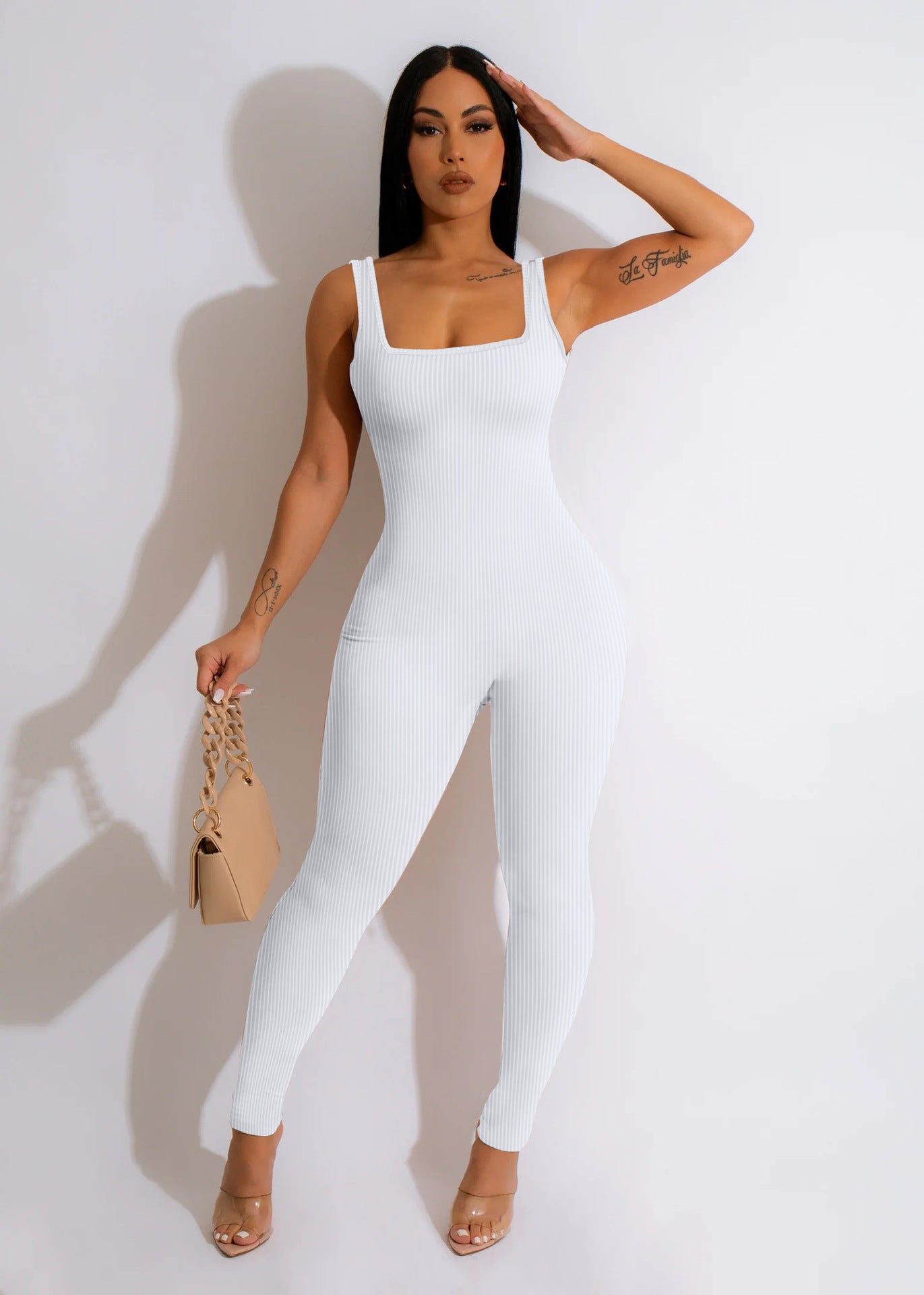 Women'S Solid Color Sleeveless Ribbed Square Neck Low Back Butt Lift Slim Fit Jumpsuit 16
