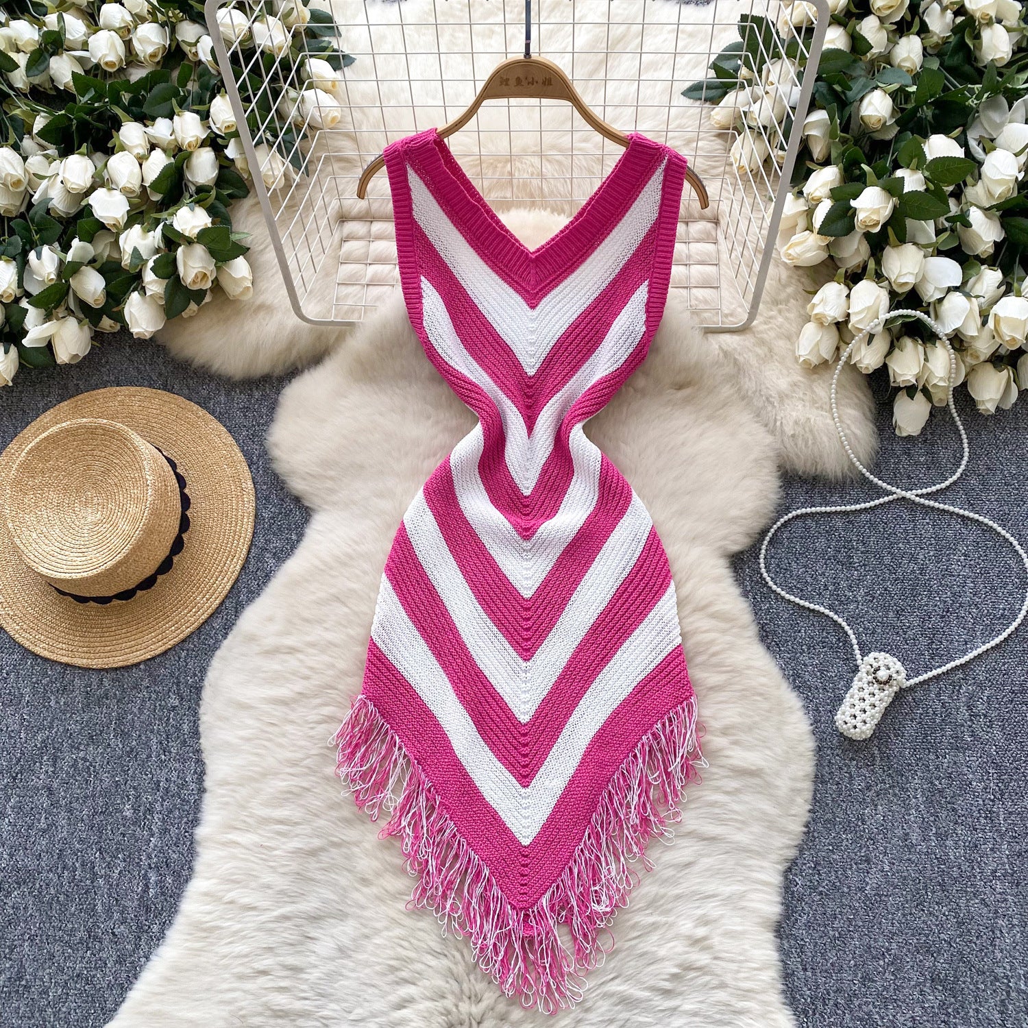 Holidays Women's Summer Color Matching Slim Irregular Tassel Dress 4