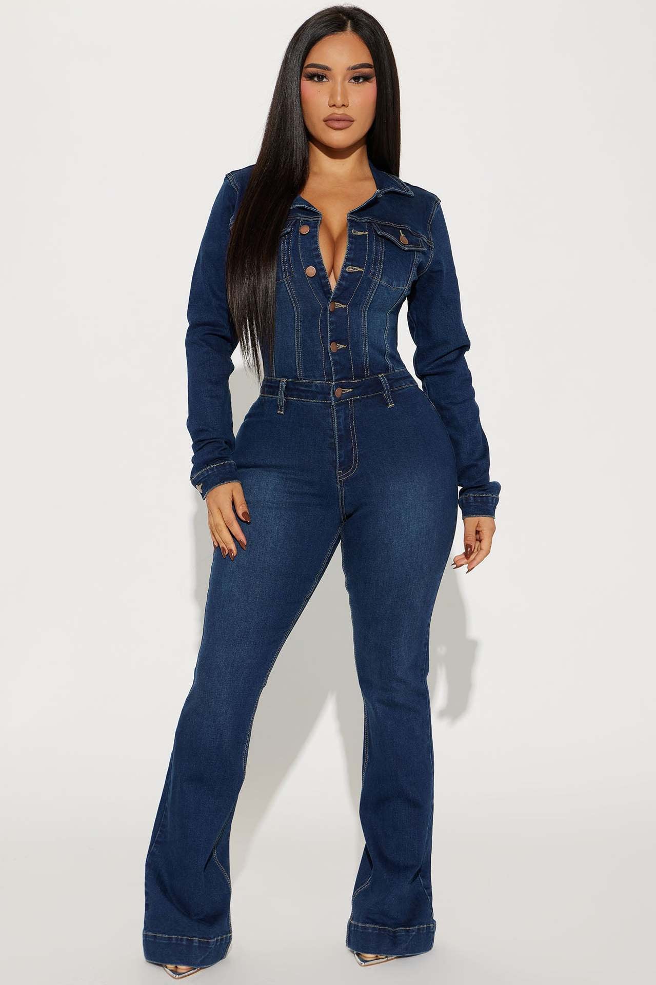 Slim Fit Stretch Bell Bottom Wash Long Sleeve Denim Jumpsuit