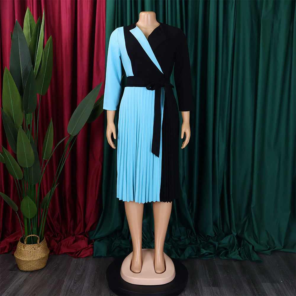 Africa Plus Size Women's Fashion Chic COLorblock Lace-Up Pleated Elegant Dress 12