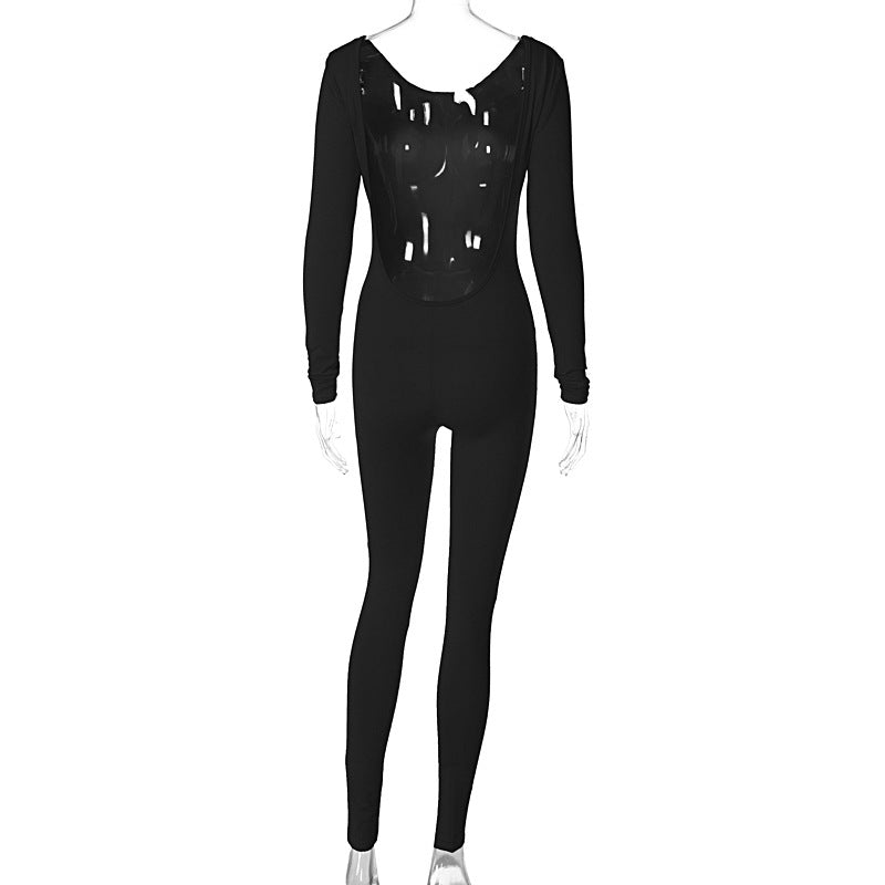 Women's Low Back Solid Color Long Sleeve Jumpsuit Fall Slim Sports Basic Overall Pants 30