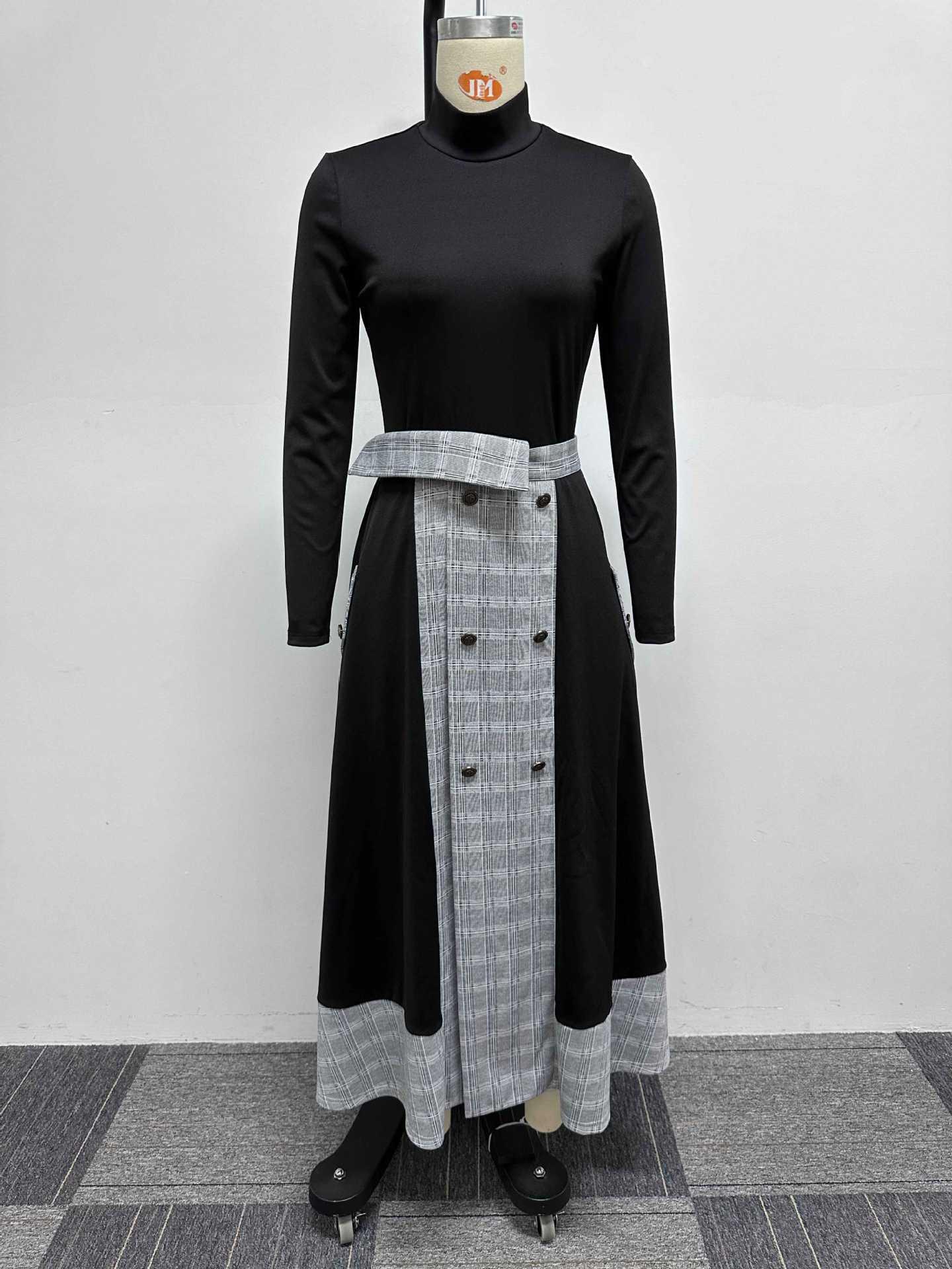 Slim-Fitting Long-Sleeved Turtleneck Plaid Slit Two-Piece Midi Skirt Set 6