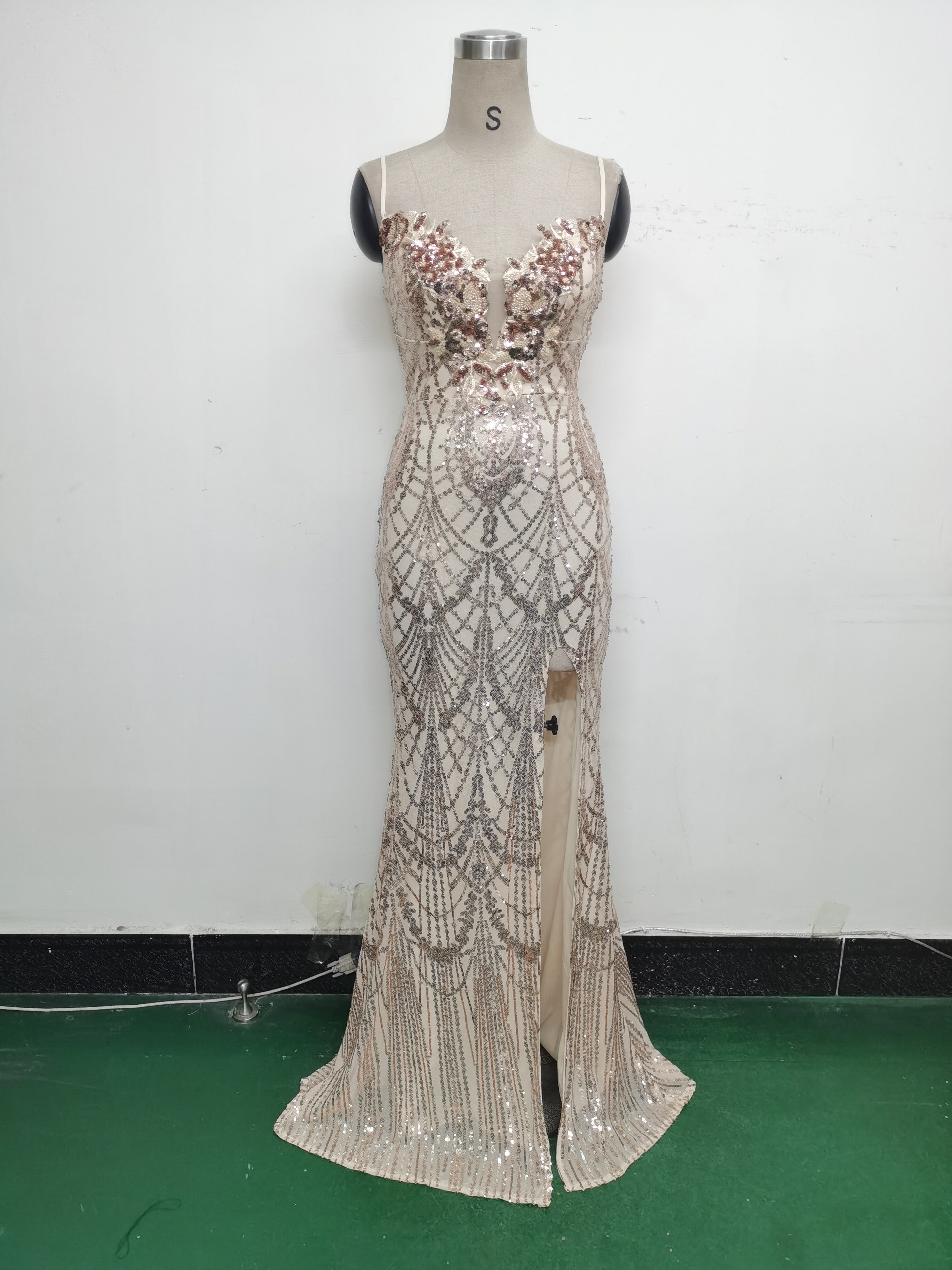 Women Beaded Tube Fishbone Lace-Up Sequin Formal Party Evening Dress 36