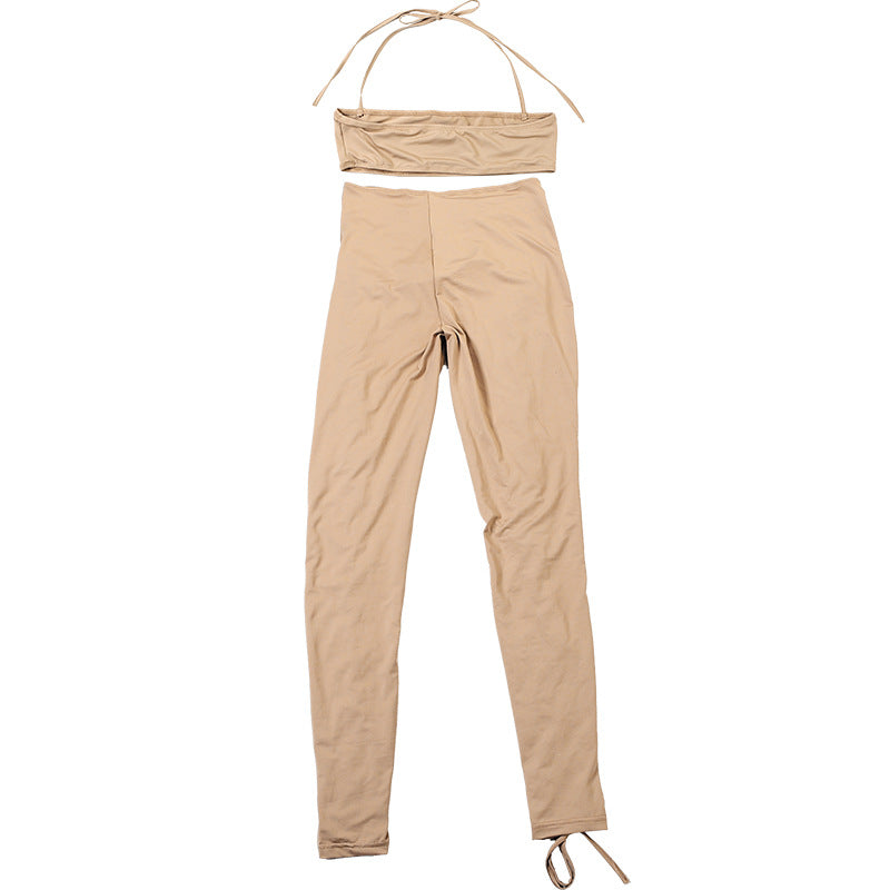 Women Fall Solid Halter Neck Lace-Up Top and Pants Two-piece Set 14