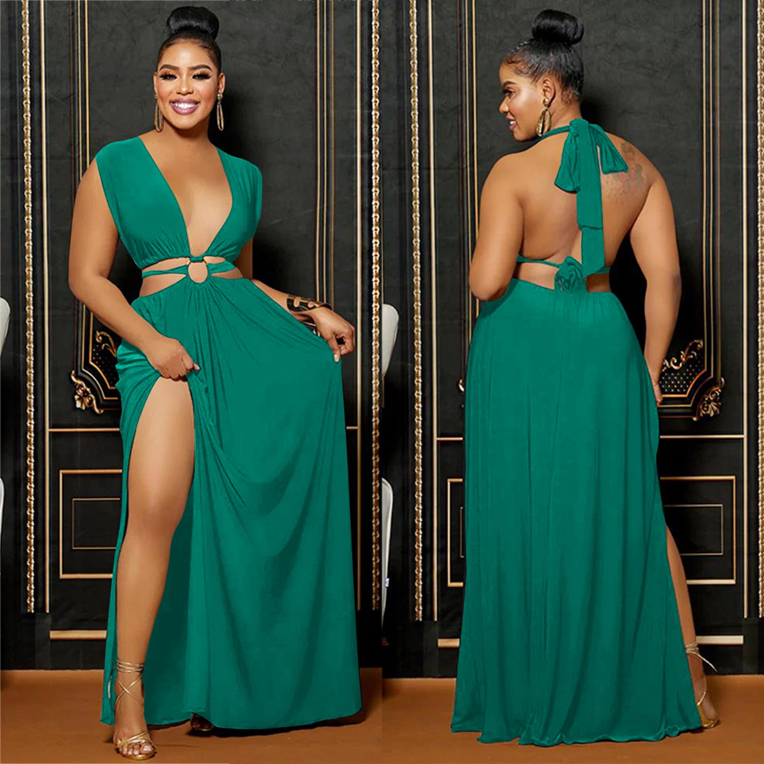 Fashion Women's Solid Low Back V-Neck Sleeveless Long Dress 3