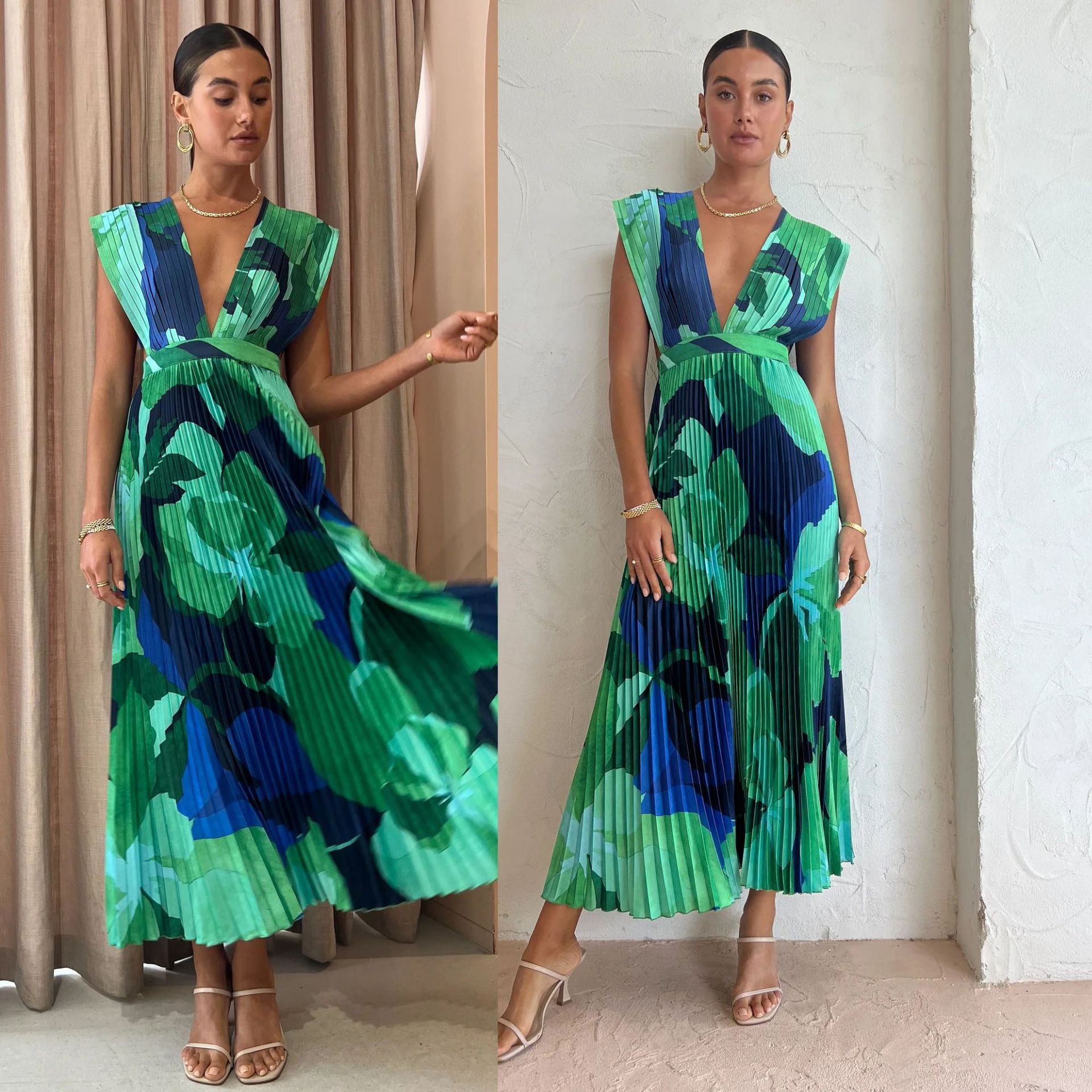 Women Casual Holidays Pleated Sleeveless Printed Dress