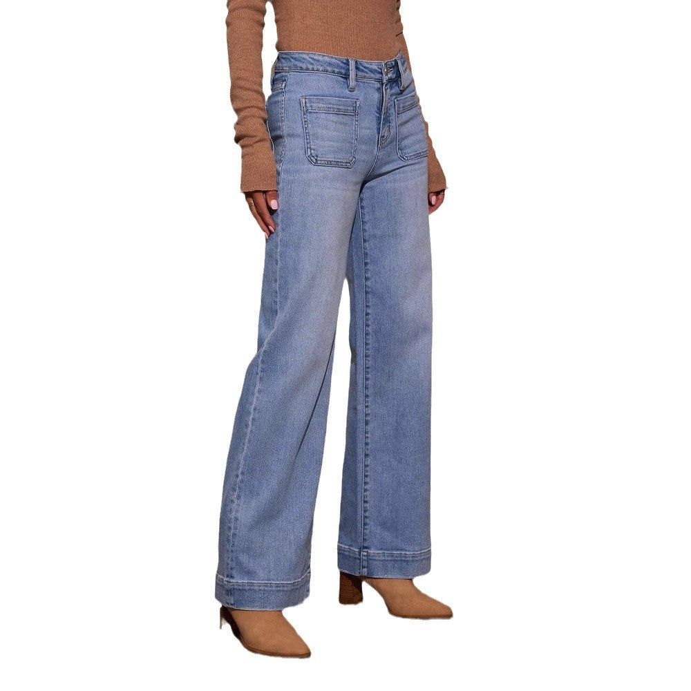 Women's spring wide leg straight high waist denim pants 8