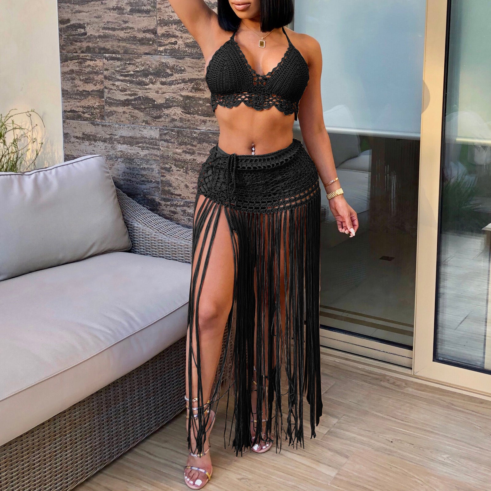 Women Beach Bikini Top and Fringed Skirt Two-piece Set 3