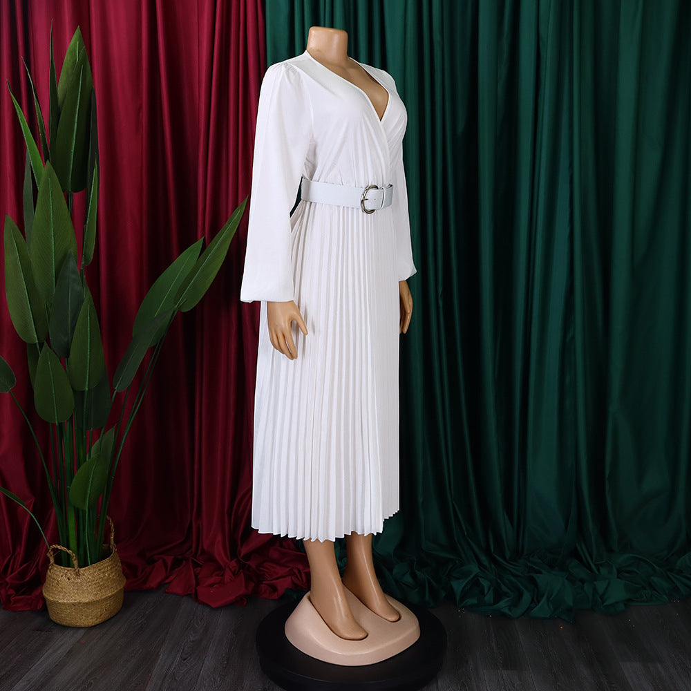 Plus Size Women Long Sleeve V-Neck Pleated Maxi Dress 24