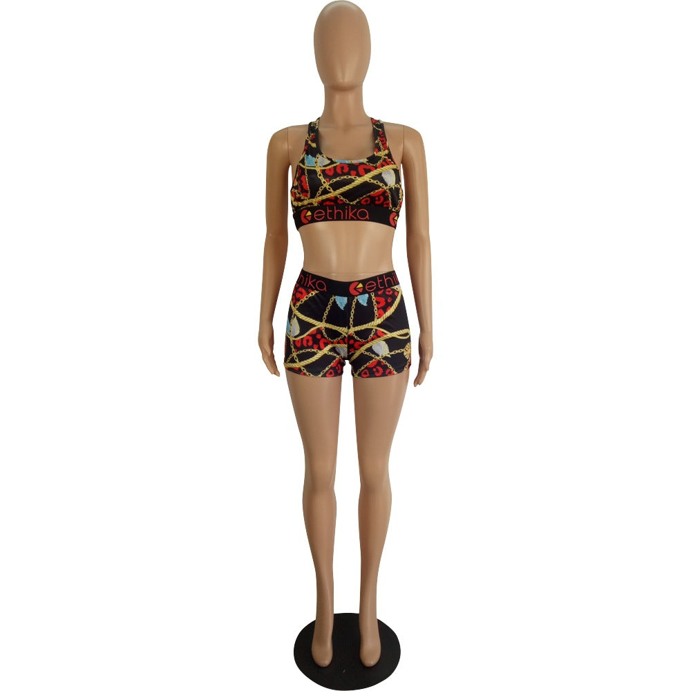 Women's Spring/Summer Slim Style Printed Sports Two-Piece Shorts Set 26