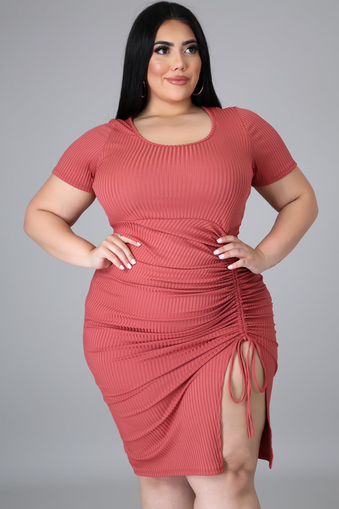 Plus Size Women Knitting Ribbed Open Lace Dress 3