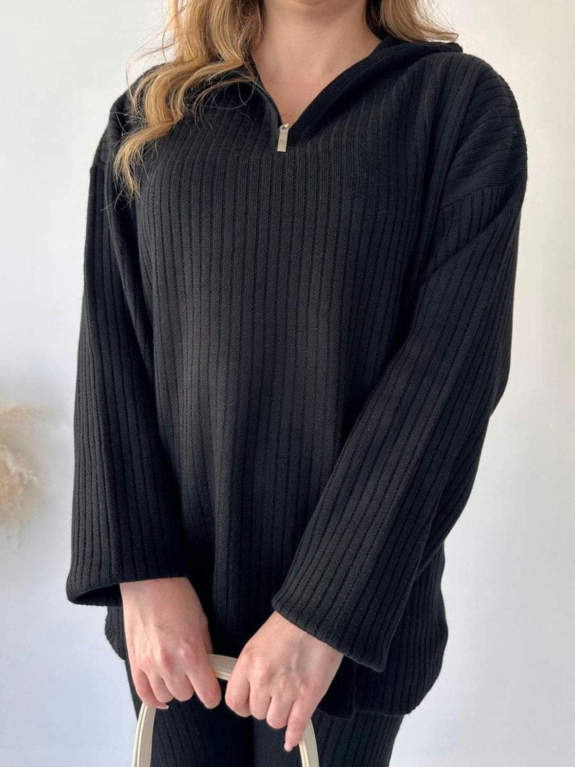 Women Solid Zipper Knitting High Neck Ribbed Top and Pant Two-piece Set 8