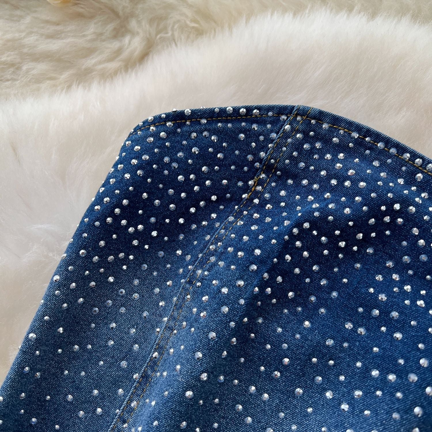 Fashion Beaded Denim summer Strapless Vest High Waist Denim Bell Bottom Trousers Two Piece Set for Women 6