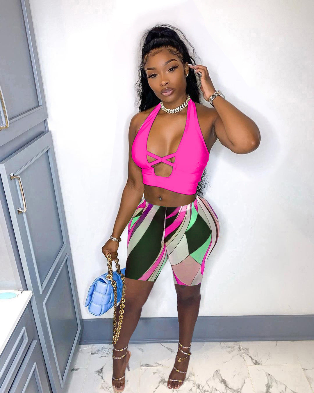 Women's Halter Neck Cross Hollow Low Back Tank Top Printed Shorts Two-Piece Set 5