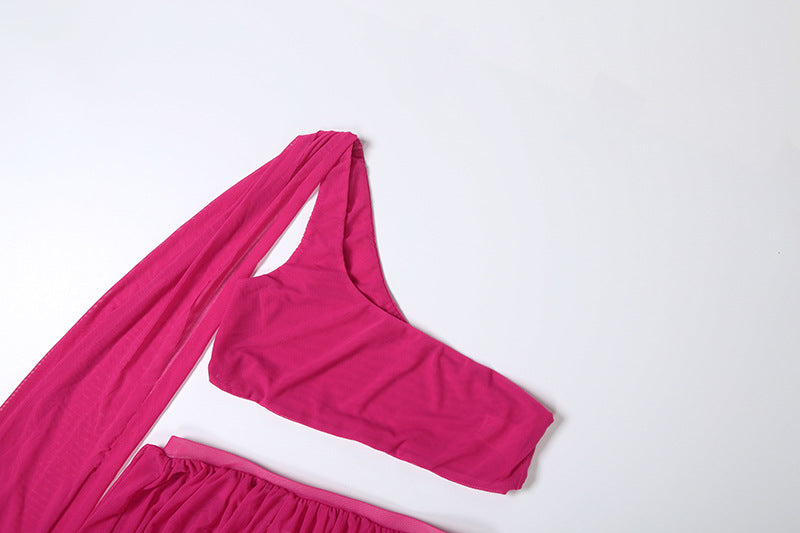 Women Fall Mesh Sexy One-Sided Long-Sleeve Crop Top with Pleated Slit Skirt Two-Piece Set 14