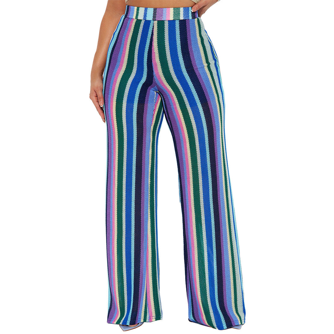 Women's clothing color strip knitting hollow jacquard zipper wide-leg pants 6