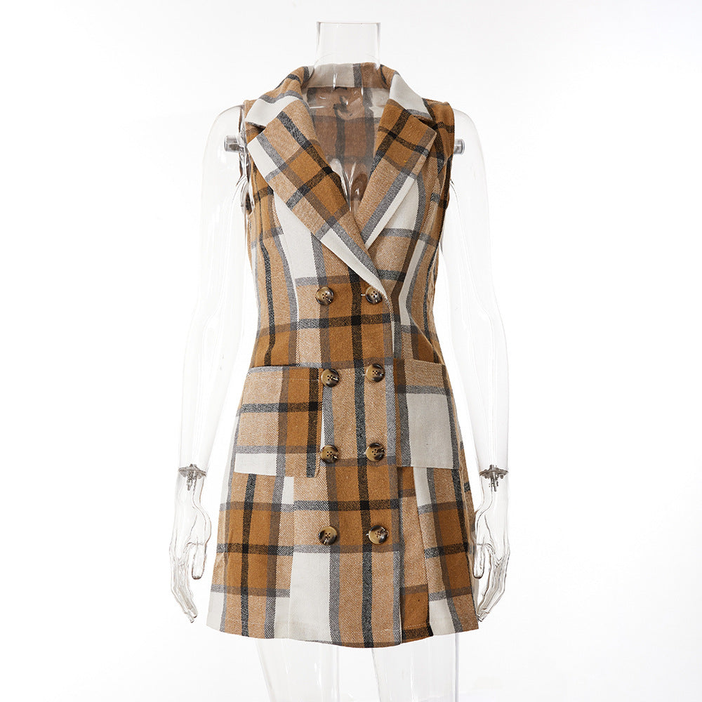 Women's Fashion Plaid Long Vest Turndown Collar Sleeveless Blazer 12