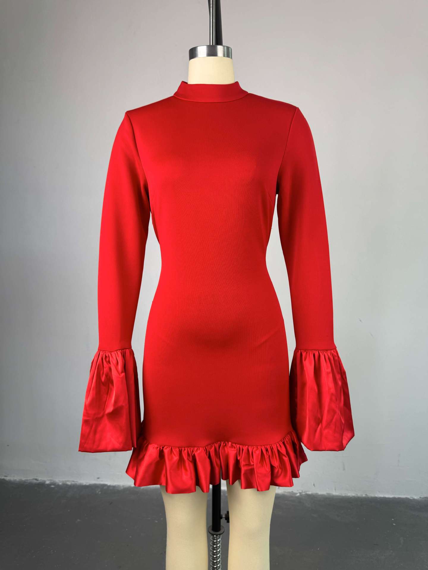 Women Spring Elegant Half-High Neck Bell Bottom Sleeve Ruffle Bodycon Dress