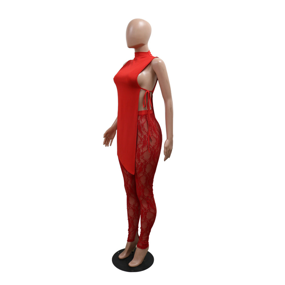 Women Sleeveless Round Neck Slit Top and See-Through Lace Pants Two-piece Set 5