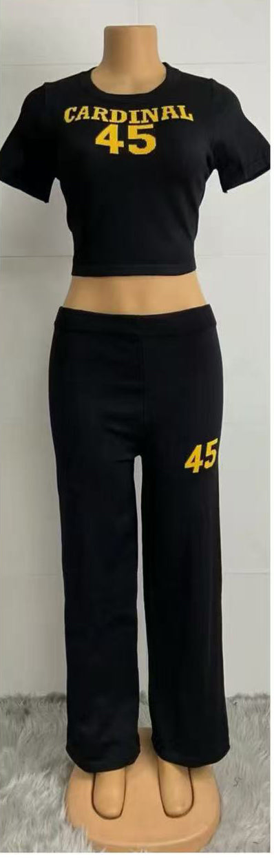 Summer Women's Letter Fashion Casual Short Sleeve Two Piece Pants Set 3