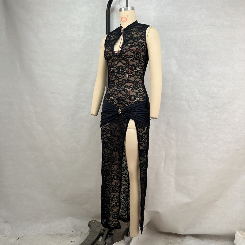 Women’s Sexy Summer Hollow Lace High-Slit Maxi Dress 8