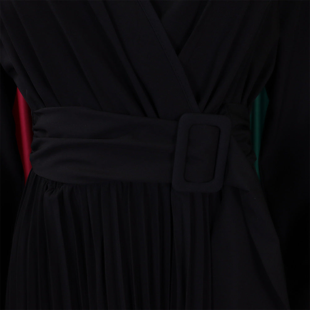 V-Neck Chic Elegant Slim Waist Belted Pleated High Waist Plus Size Dress 37