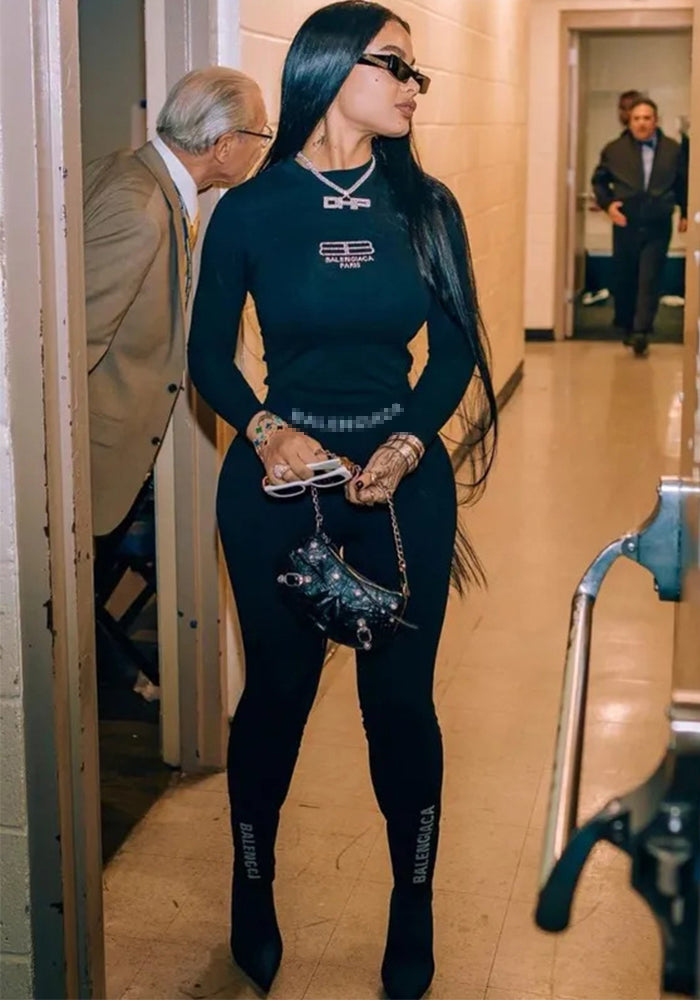 Women Letter Print Long Sleeve Top and Pants Two-Piece Set