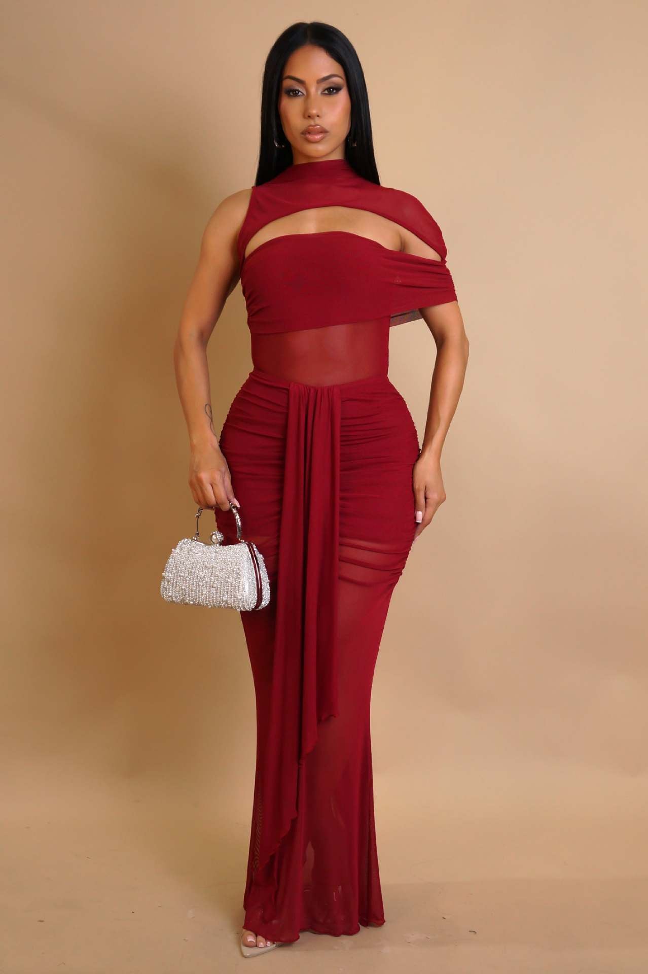 Casual Off-Shoulder Sexy Hollow See-Through Mesh Ruffle Bodycon Dress Set 3