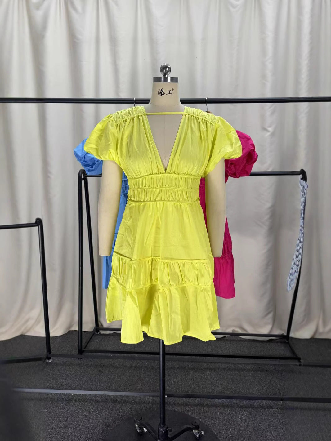 Women Elegant V-Neck Puff Sleeve Pleated Mini Dress 7