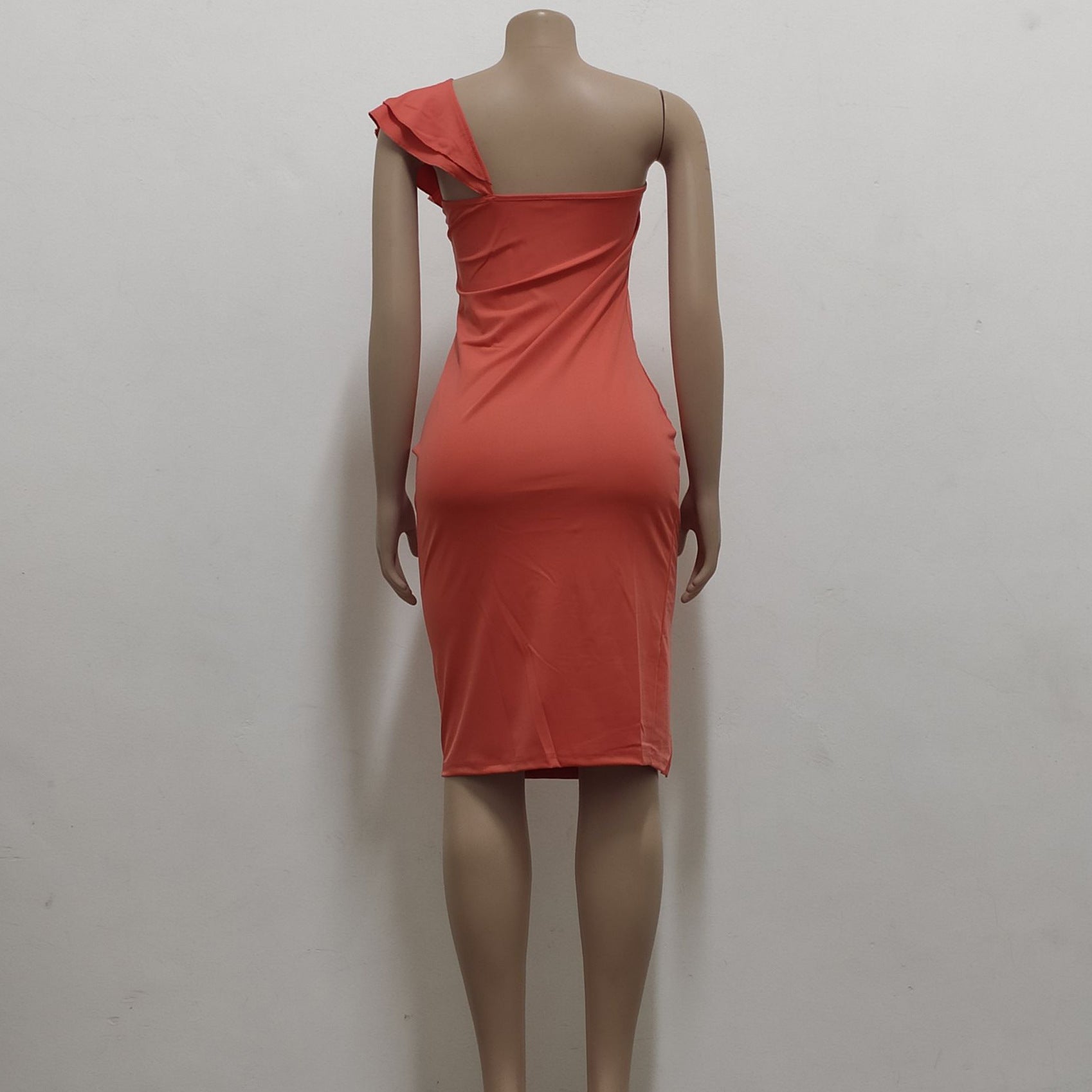 Women Sexy Solid One Shoulder Ruffle Dress 10