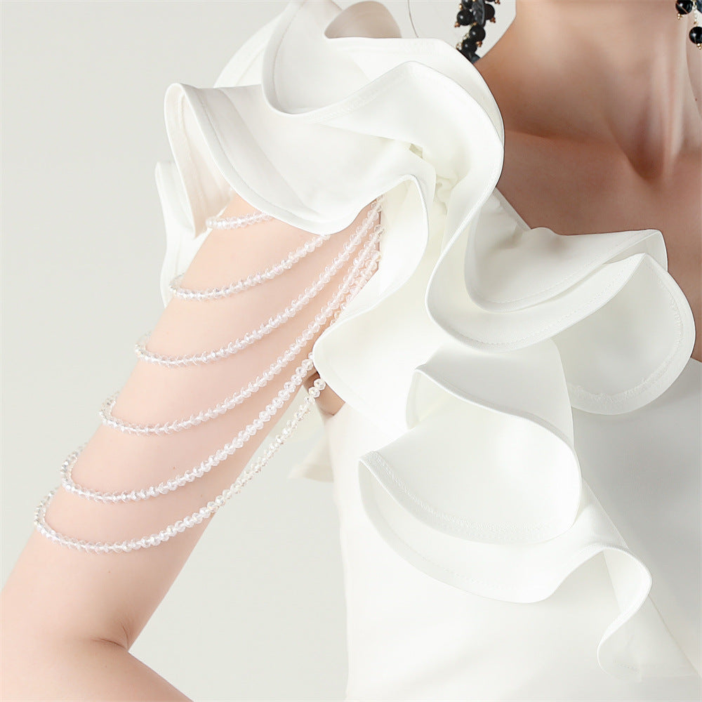 Women One-Shoulder Beaded Wool and Floral Satin Slit Sexy Evening Dress 55