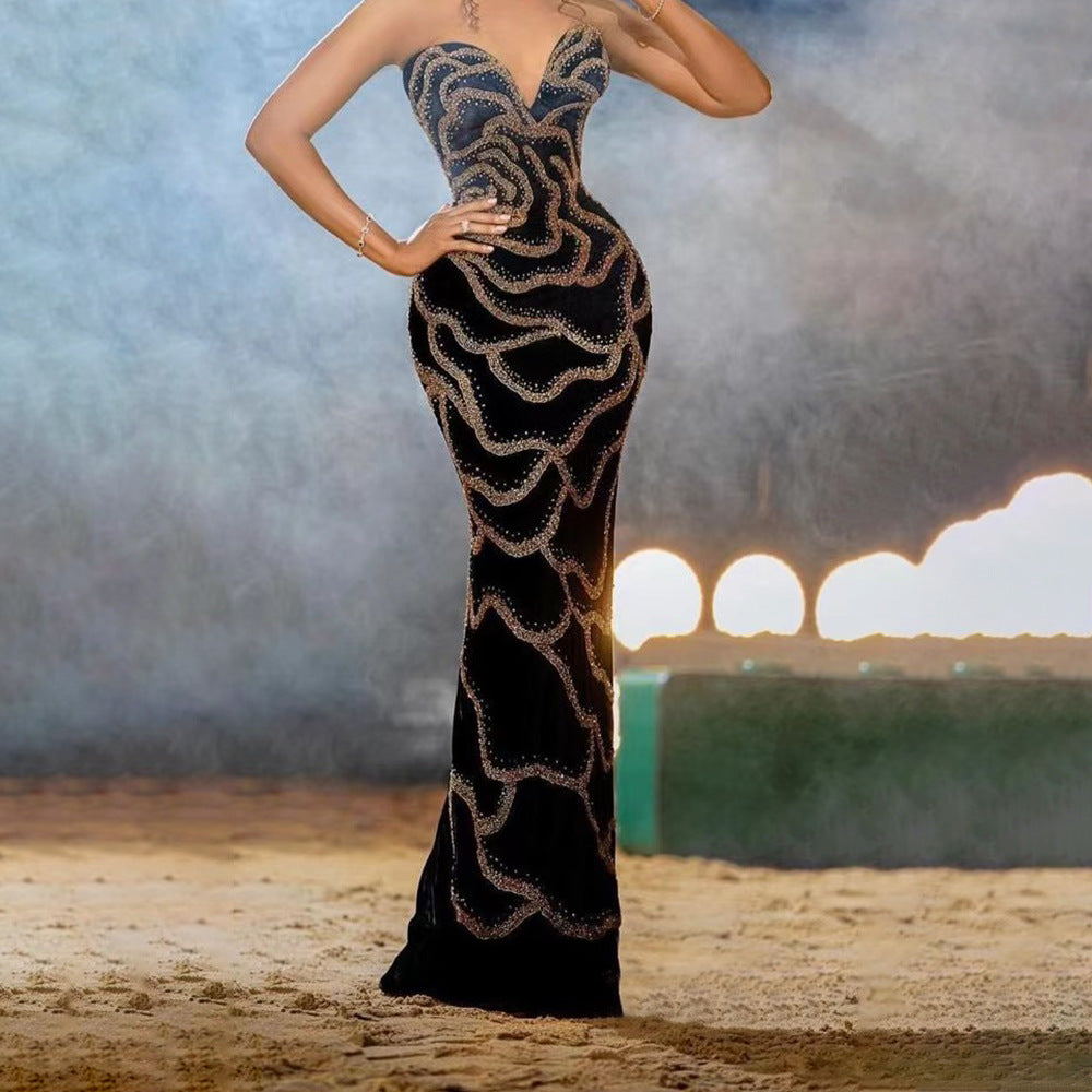 V-Neck Strapless Luxury Sequin Formal Party Long Dress 6