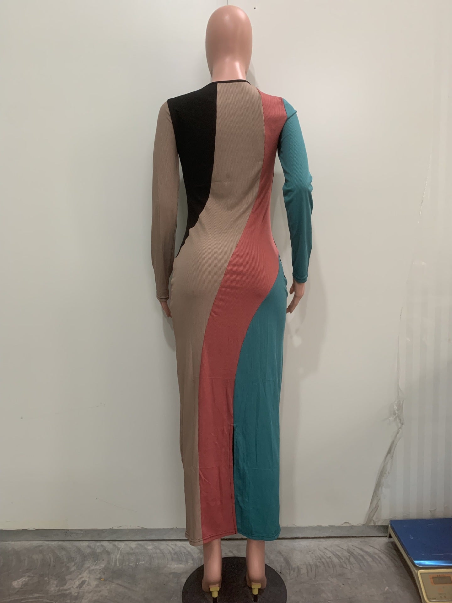 Women's Fashion Multi-Color Patchwork Long-Sleeved Ribbed Casual Dress 8