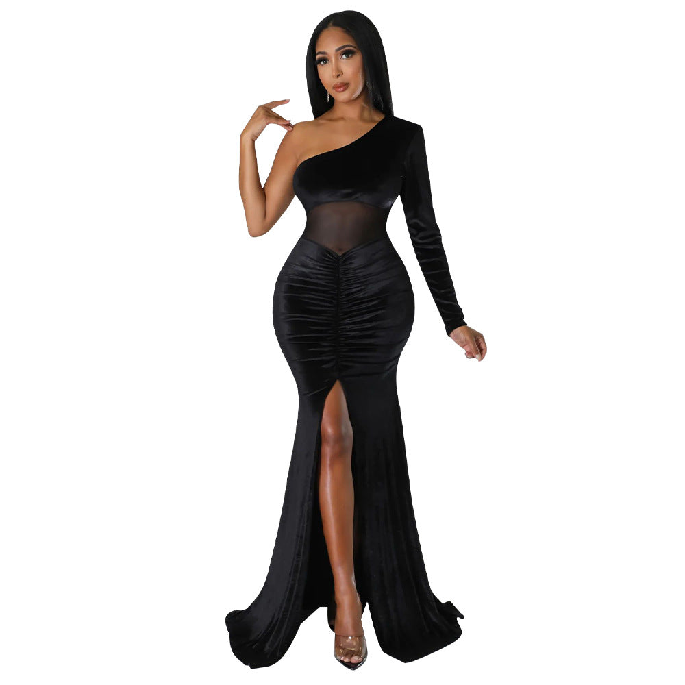 Women'S Fall/Winter Slash Shoulder Ruched Slit Solid Color Mermaid Dress 9